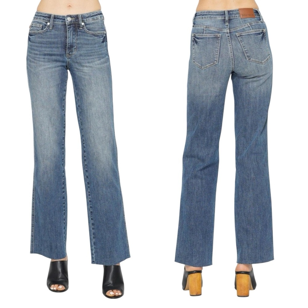 JUDY BLUE Mid Rise Tummy Control Vintage Straight Raw Hem Denim Jeans. Size 7/28